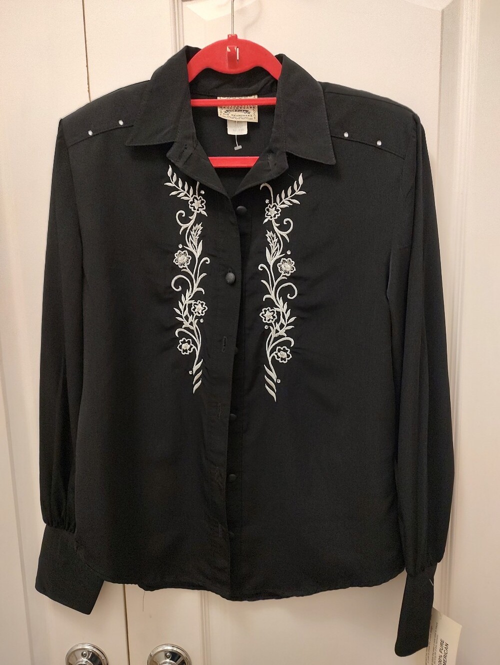 Vintage 1849 Ranchwear Black Button-Front Shirt with White And Silver Embroidery